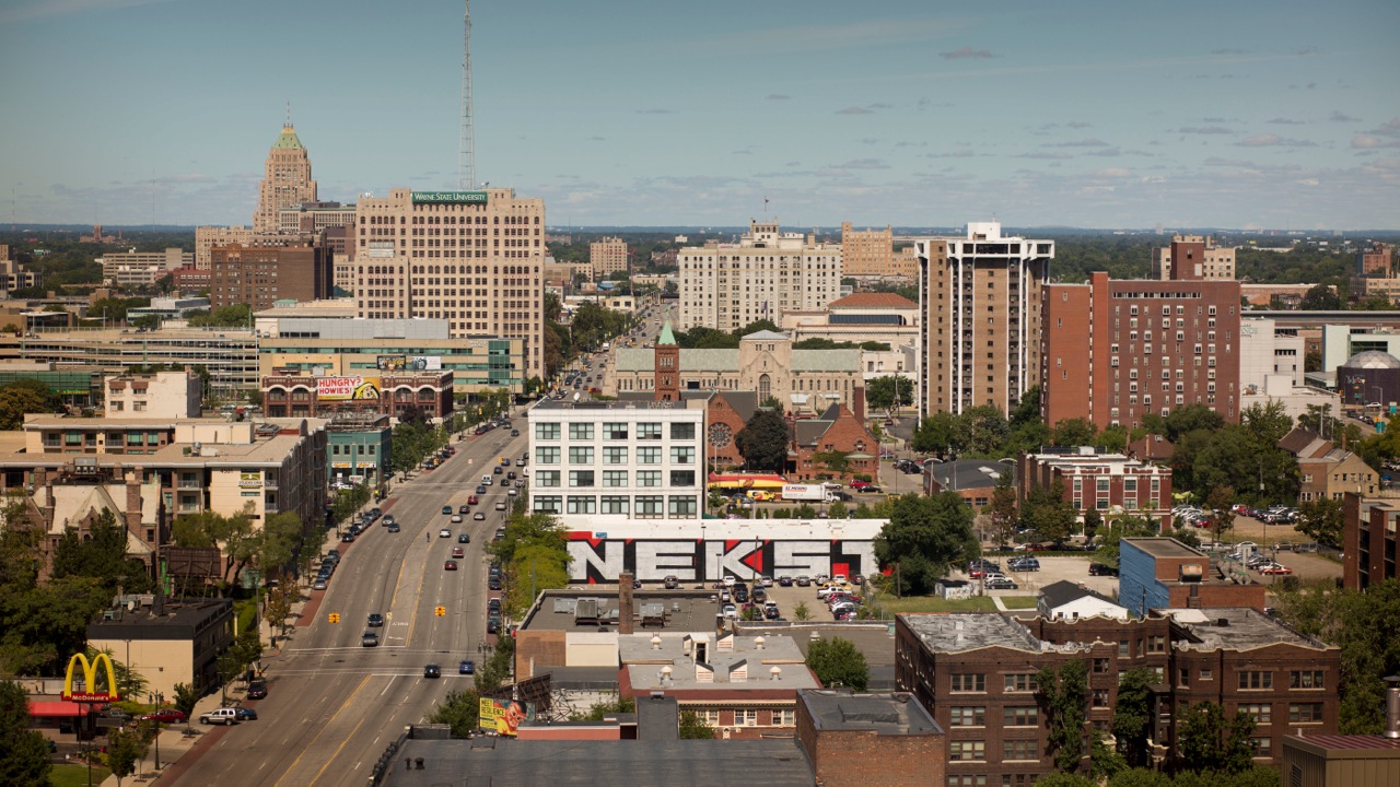 Aerial view of MOCAD in 2013, with NEKST murals by DONT, VIZIE, POSE, OMENS, REVOK, and SKREW